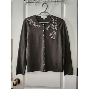 Petite Sophisticates Knit Cardigan Green Sweater Button Up‎ Hand Beaded Size S